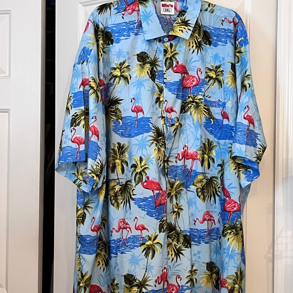 Mias Mens Blue Flamingo Hawaiian Shirt